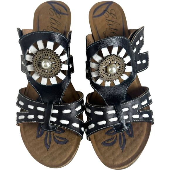 Elite by Corkys Scilly Leather Wedge Slide Sandals Black Floral Women's Size 11 - Picture 4 of 15